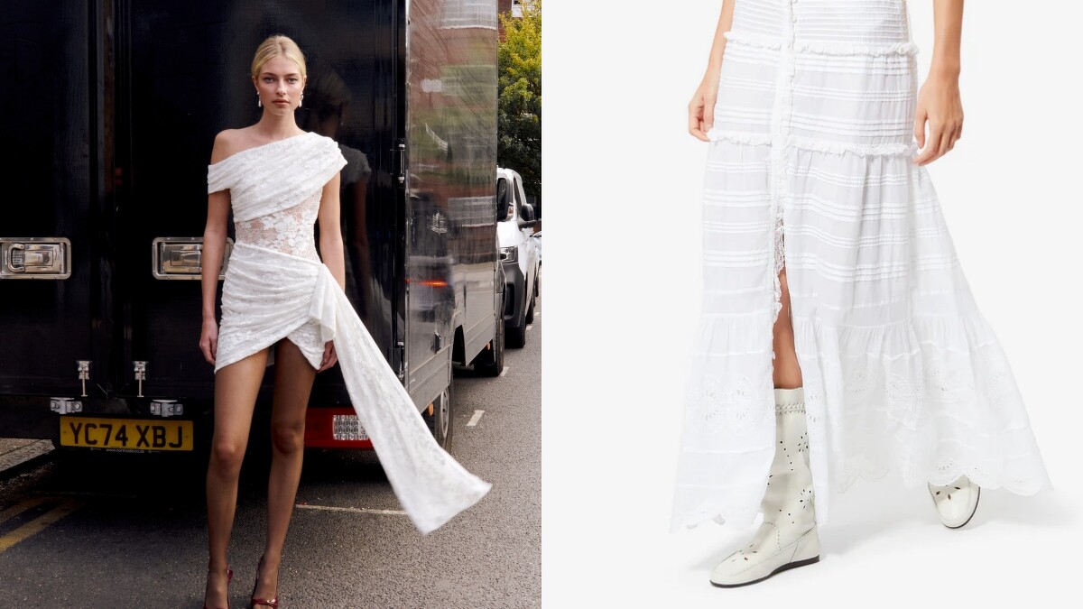 self-portrait Champagne Rhinestone Maxi Dress NT$36,800、ISABEL MARANT城市休閒米白色百褶裙NT$41,300