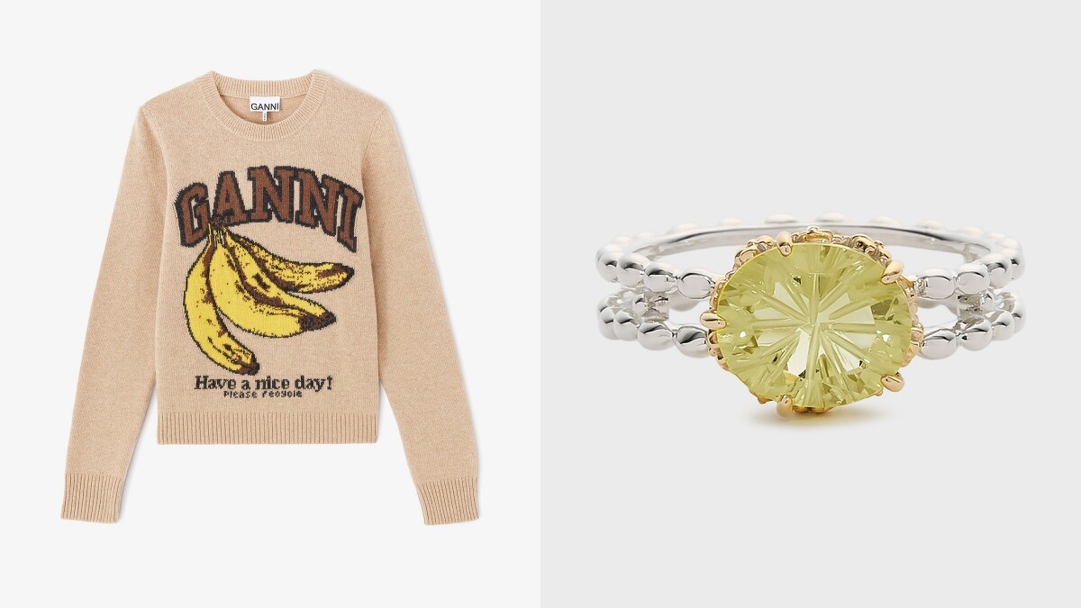 GANNI印花香蕉混紡針織上衣-沙色 NT$12,300、NOJESS 雙色湖光戒指(黃) NT$8,200