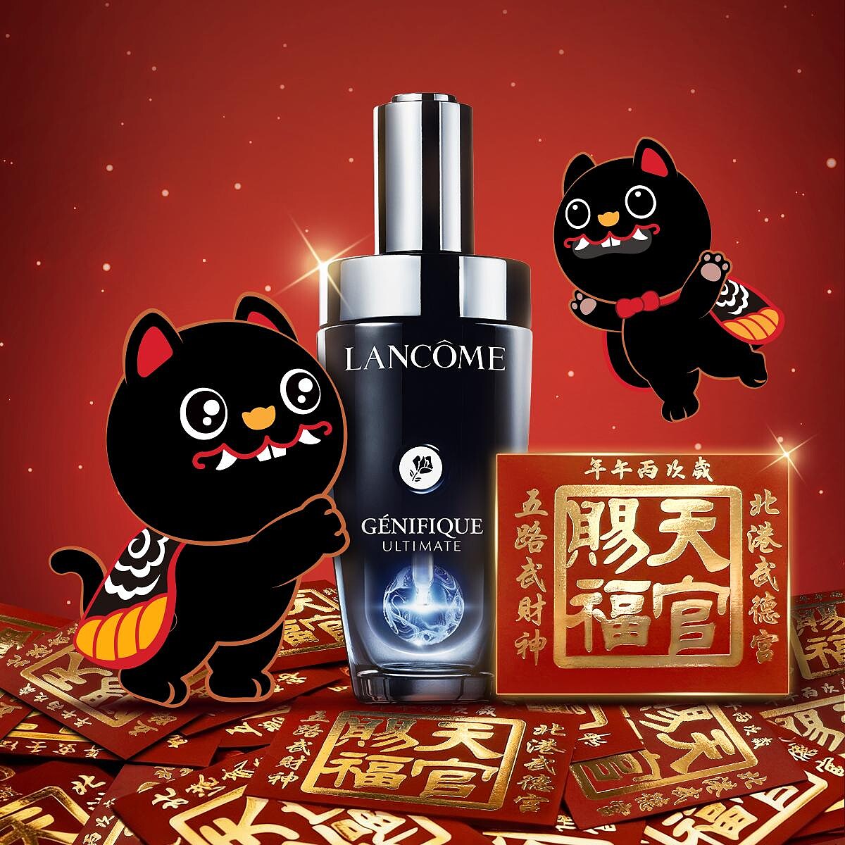 LANCOME蘭蔻小黑瓶PRO X北港武德宮聯名招財小黑虎情境圖。