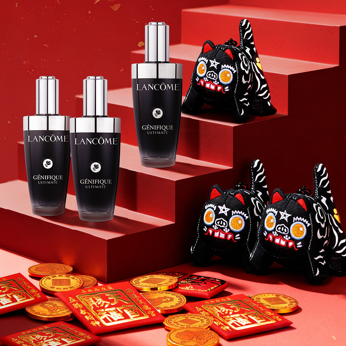 LANCOME蘭蔻小黑瓶PRO X北港武德宮聯名招財小黑虎情境圖。