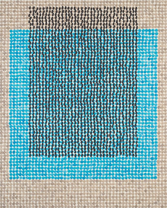 「無我」系列以點畫呈現。作品《無我-波光 (03)》,162.2x130.3cm,複合媒材、畫布,2014。