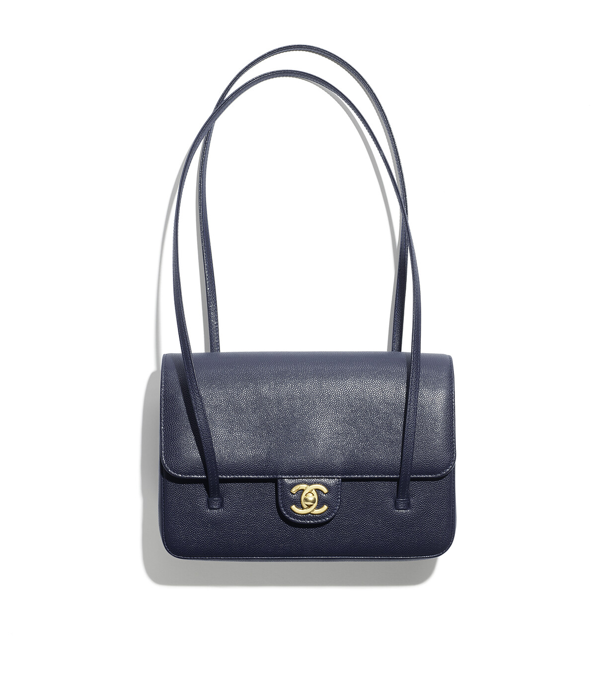 深藍色雙C LOGO粒紋皮革翻蓋肩背包