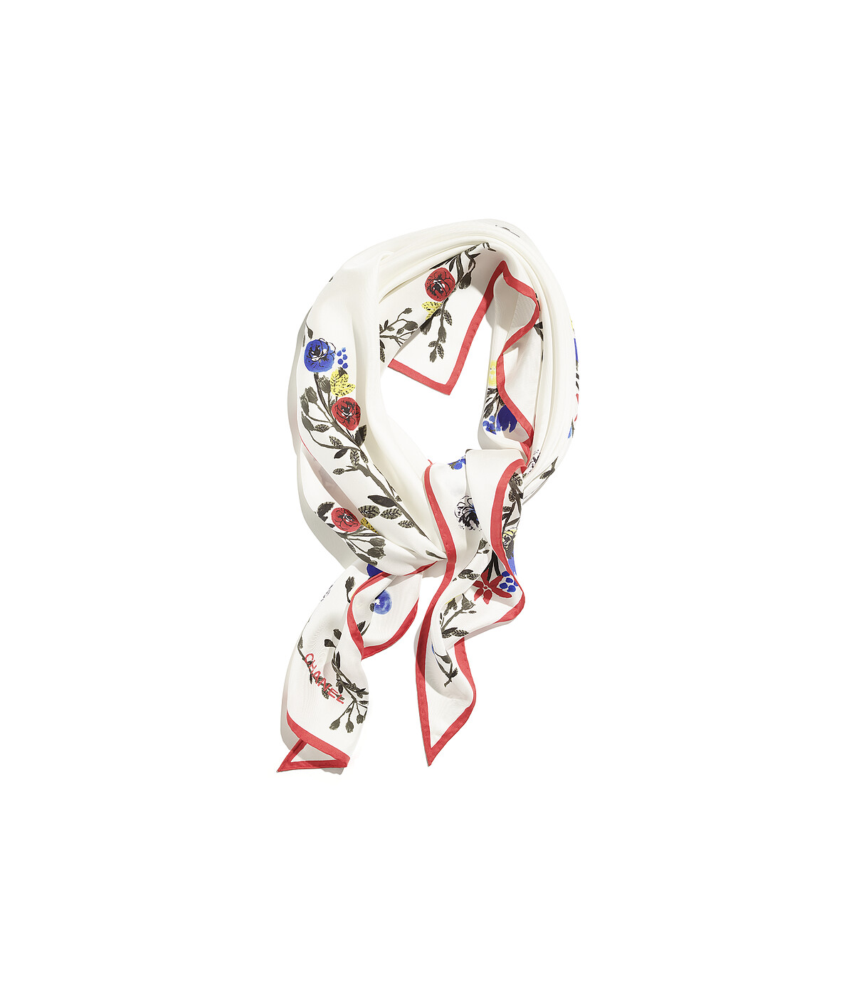 Chanel白色飾以紅色緄邊與多彩花卉圖騰斜紋絲巾。