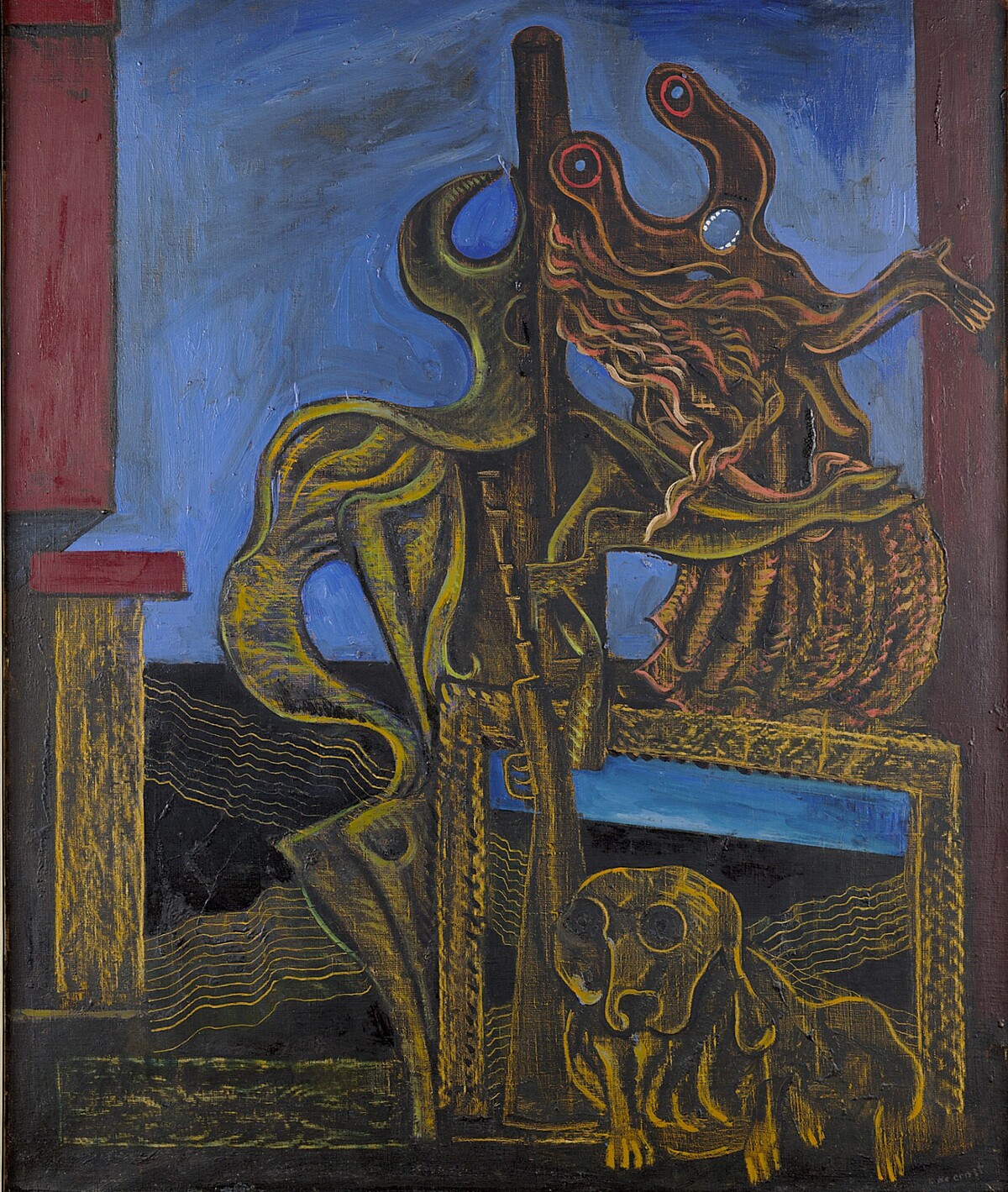 馬克斯．恩斯特，《獵人》，1926，油彩、畫布，100 &times; 81 公分。&copy; VG Bild-Kunst, Bonn 2025，圖像由布魯塞爾伊克塞爾美術館（Mus&eacute;e d&rsquo;Ixelles）典藏提供。