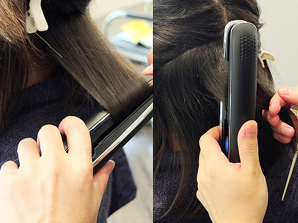 將頭髮分為 3~4 層。最裡層建議從中段之後開始，以平板造型夾捲出彎度。