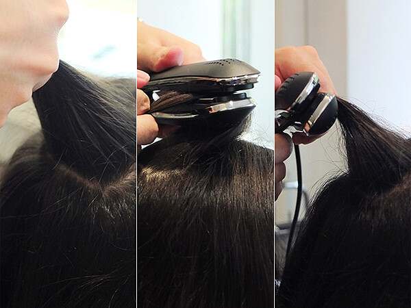  為了讓頭頂區能呈現漂亮的圓弧感，可以用造型夾，順著倒C的弧度，讓頭頂看起來較蓬鬆