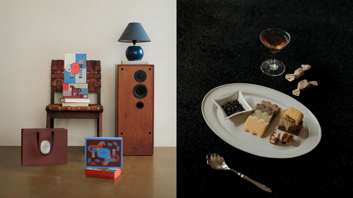 左 - 三款限量系列 <馳夢>、<航>、<方島>, 右 - 散茶茶葉、書頁蘭朵夏、鳳梨酥、果仁糖