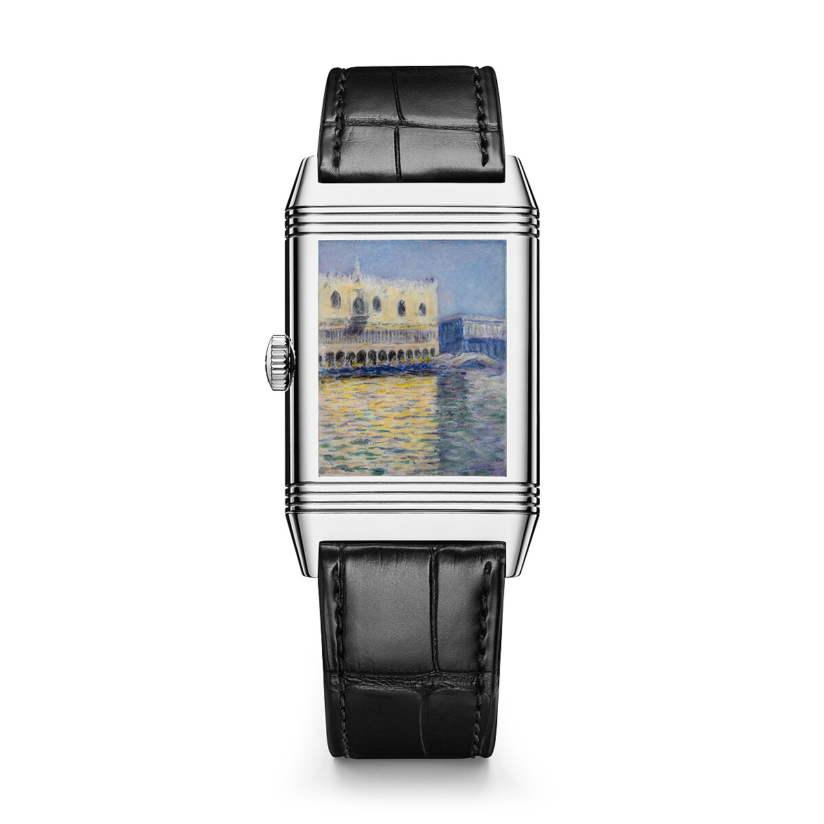 Reverso Tribute Enamel 翻轉系列琺瑯腕錶，微繪工藝呈現莫內（Monet）的威尼斯畫作，至少塗覆14層琺瑯，並經過15次溫度高達攝氏800度的單獨焙燒，Jaeger-LeCoultre