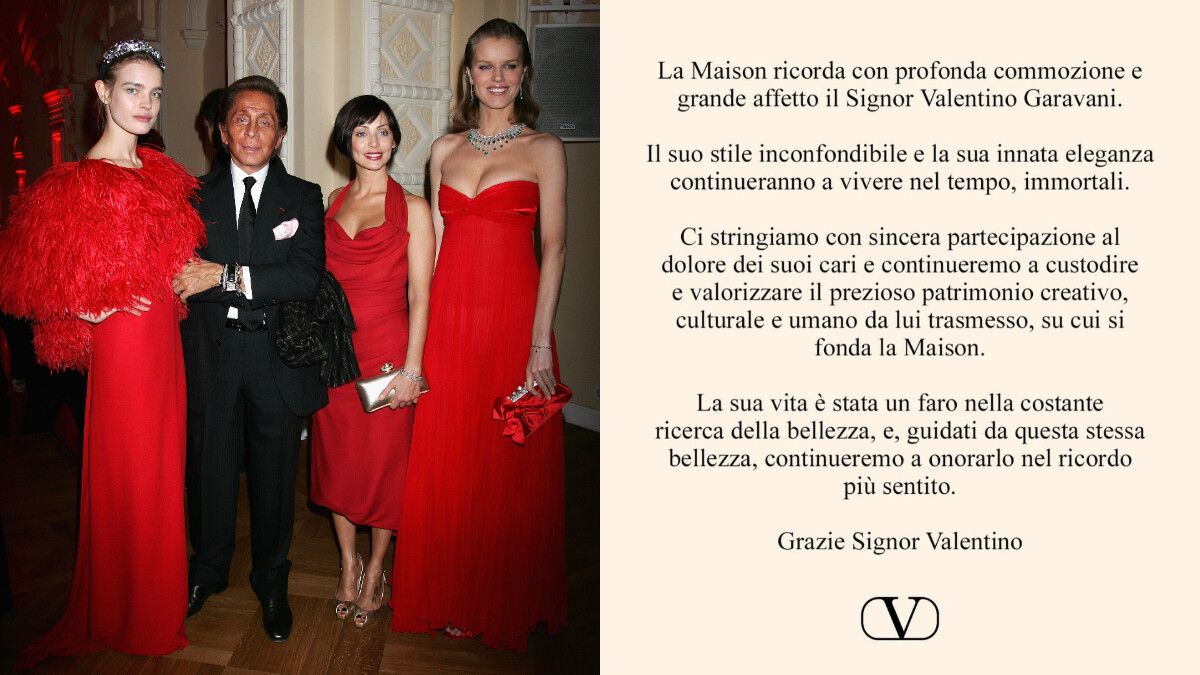 時尚快訊：時尚巨匠、范倫鐵諾（Valentino）品牌創辦人Valentino Garavani於羅馬辭世，享年93歲。