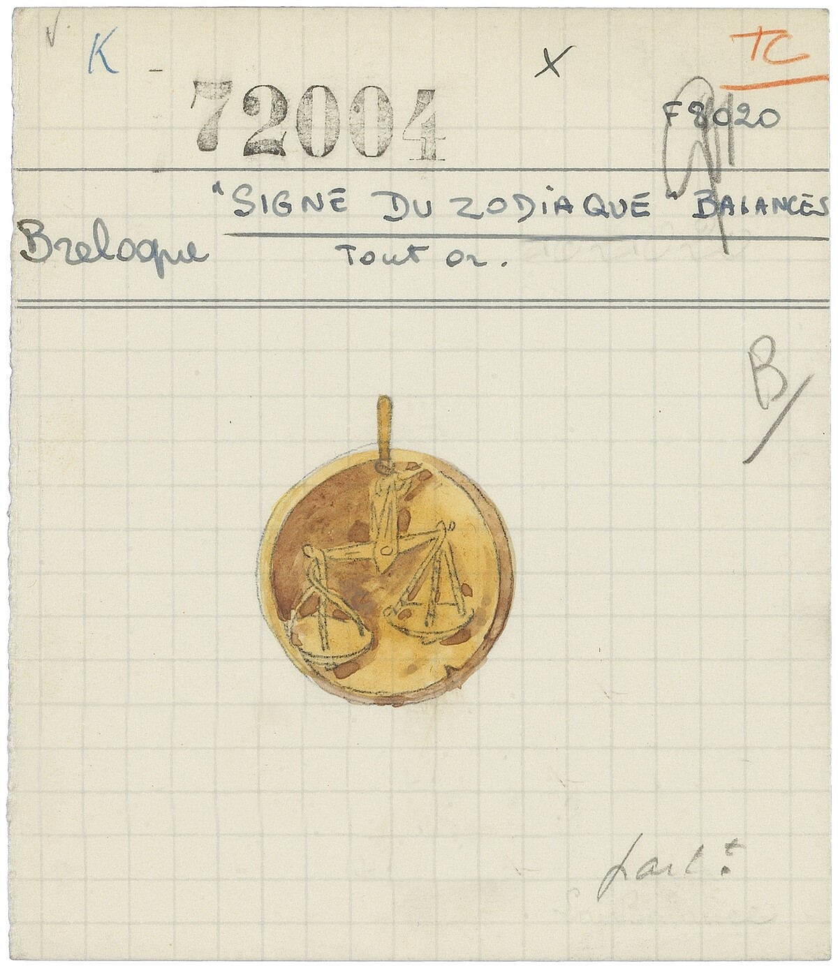 Libra Zodiac天秤座圓墜圖案產品紀錄卡，1955年_Van Cleef & Arpels Archives