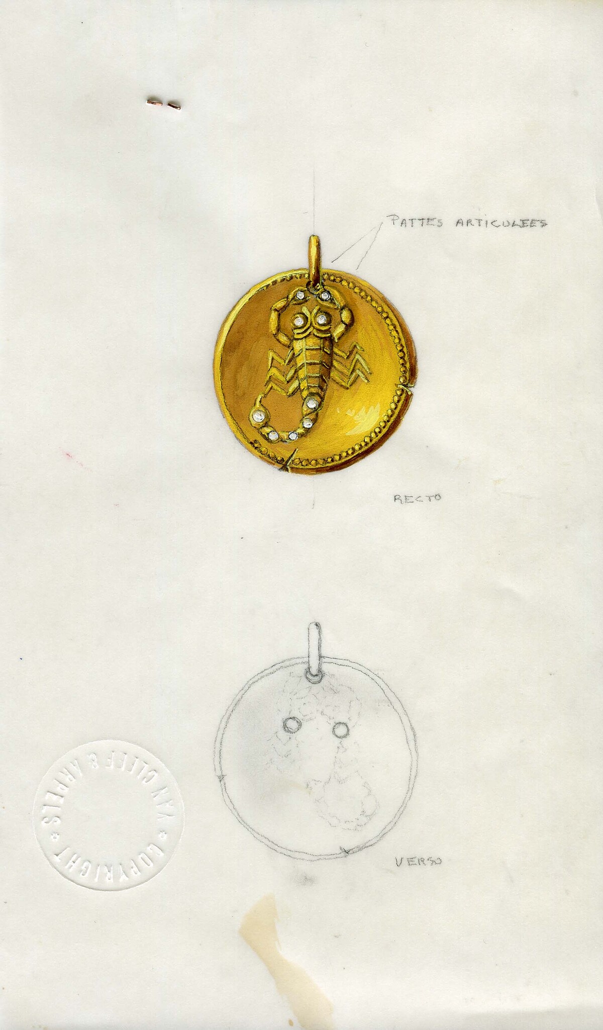 Scorpio Zodiac天蠍座圓墜設計草圖，約1970年_Van Cleef & Arpels Archives