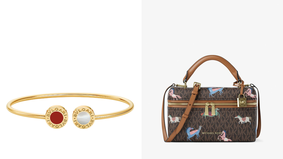 左：Bvlgari 黃K金紅玉髓與母貝手環，右：Michael Kors 2026農曆新年膠囊系列JANA咖啡色經典LOGO印花肩背提包。