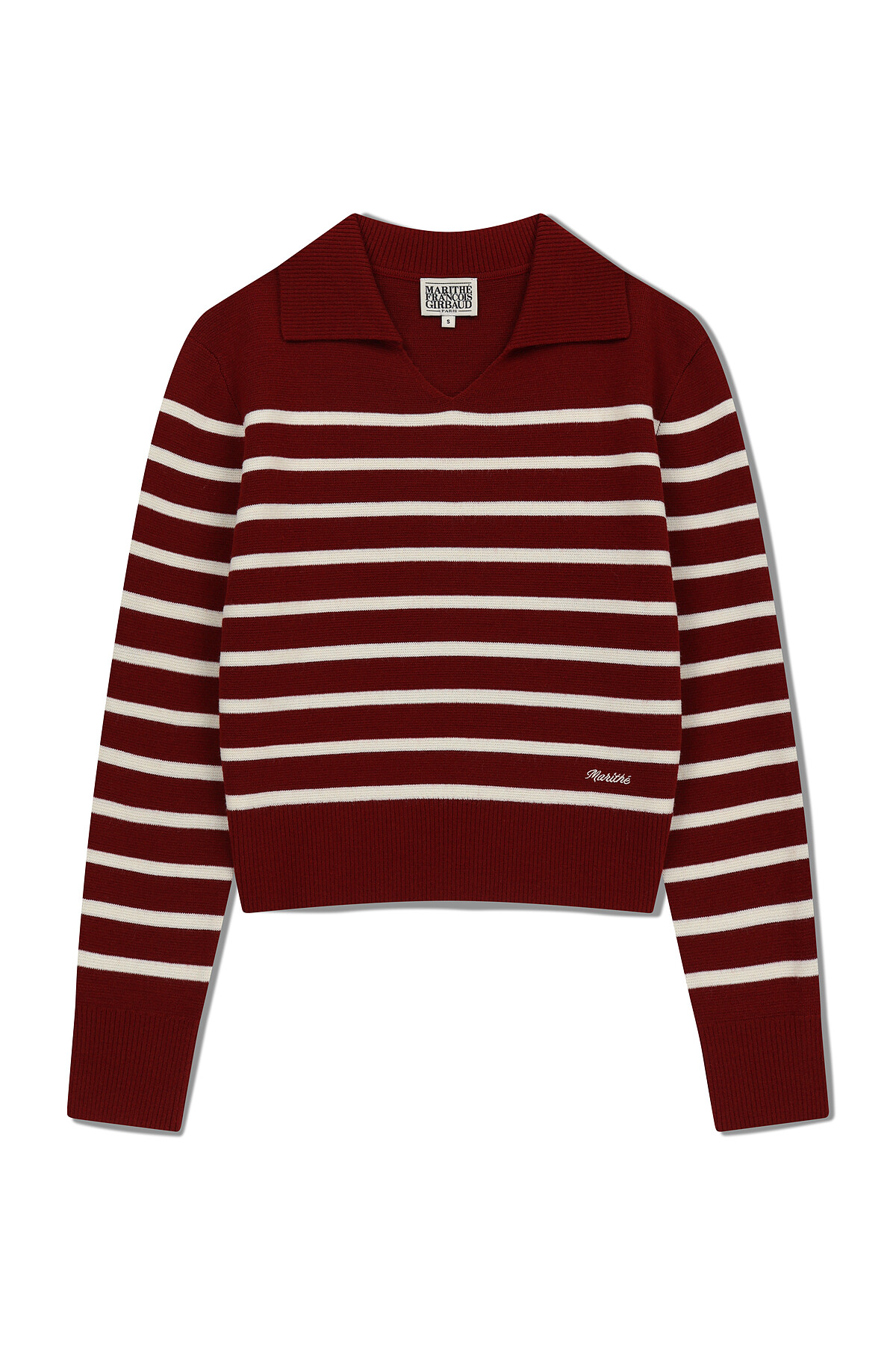 女款開襟條紋V領針織上衣 酒紅 NT$4690