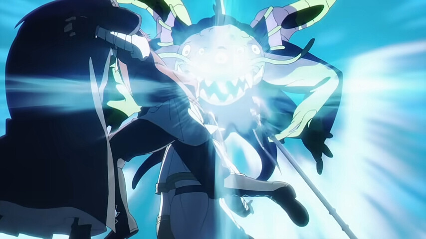 修塔爾克反射性往左跳，擋住強光護著費倫