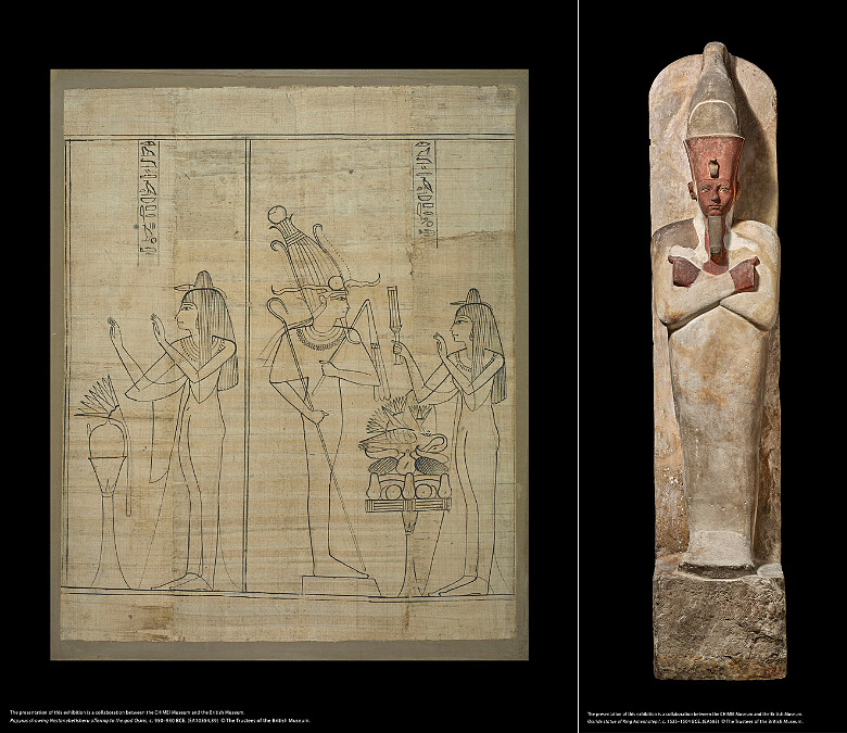 左圖：描繪「內斯塔內貝蒂舍魯向冥界之神歐西里斯獻供」的莎草紙，約西元前950&ndash;930年。（EA10554,89）圖片版權：大英博物館理事會。右圖：歐西里斯造型的阿蒙霍特普一世雕像，約西元前1525&ndash;1504年。（EA683）圖片版權：大英博物館理事會