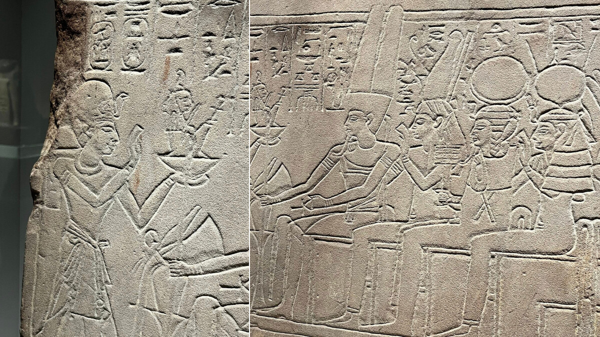 左圖：小型瑪特女神雕像。右圖：四位神祇：阿蒙一拉（Amun-Ra）、姆特（Mut）、孔蘇（Khonsu）與哈索爾（Hathor）。Ｍelody TU 採訪拍攝