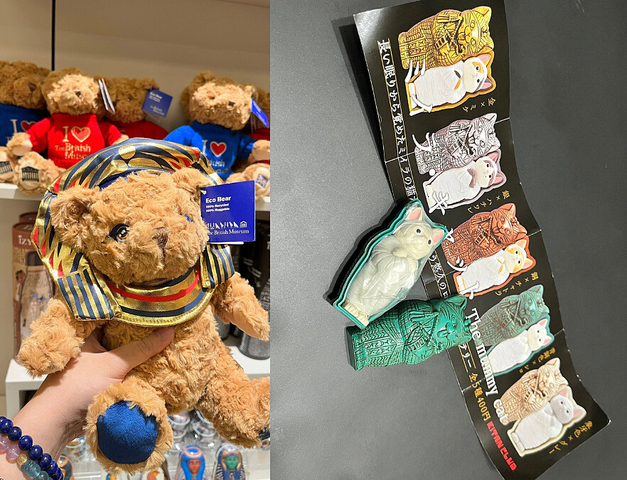 奇美博物館特展《埃及之王：法老》紀念品多元，包括熱門的貓咪木乃伊扭蛋（$120）與大英博物館精選來台的泰迪熊（$850）。Melody TU 採訪拍攝