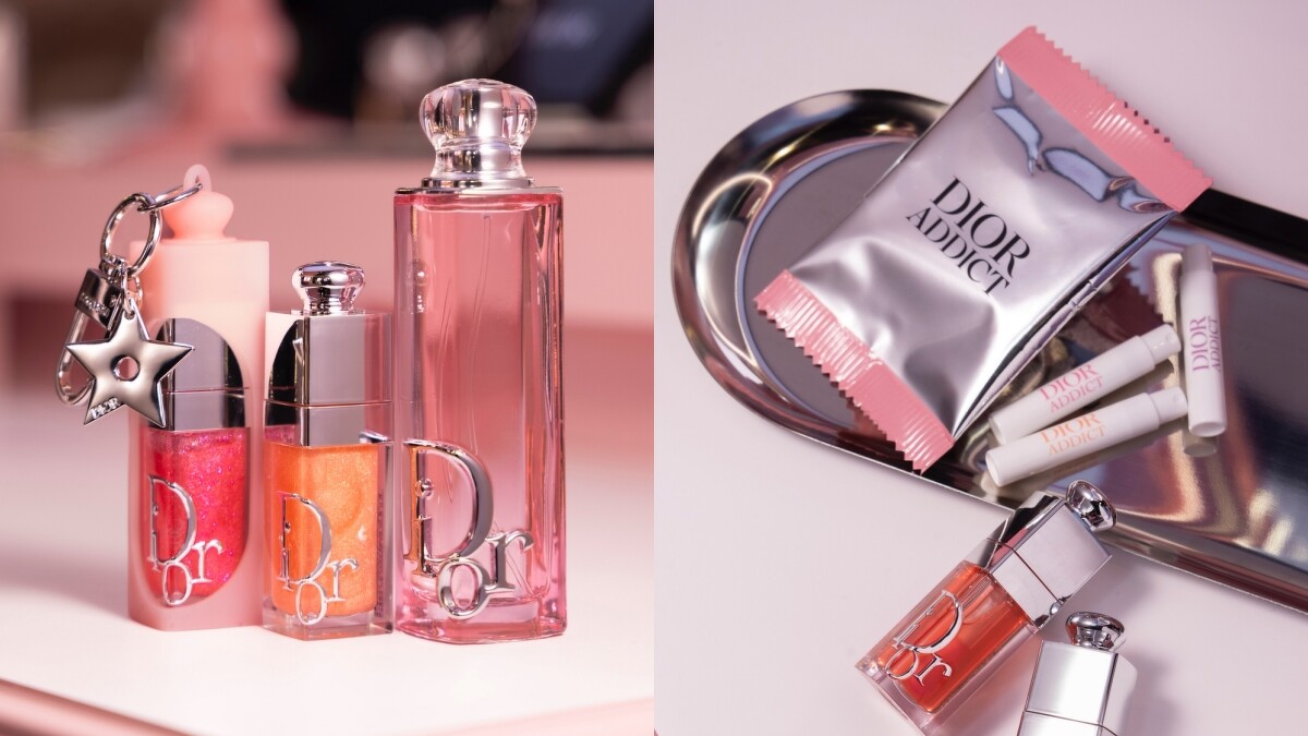 迪奧粉漾潤唇釉吊飾與迪奧癮誘粉漾香氛針管三入組。