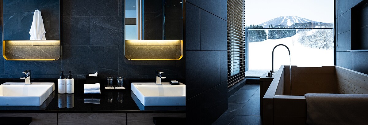 當代靜奢風 與在地文化的日式禪意，被完美相融於浴室空間美學中，設計規劃上的用心度，只要一經使用，即刻便能深刻體會注入100%的貼心細節，加上還有泡澡也能同時欣賞到一望無際的優美雪景，使沐浴時光也超乎想像美好與幸福。