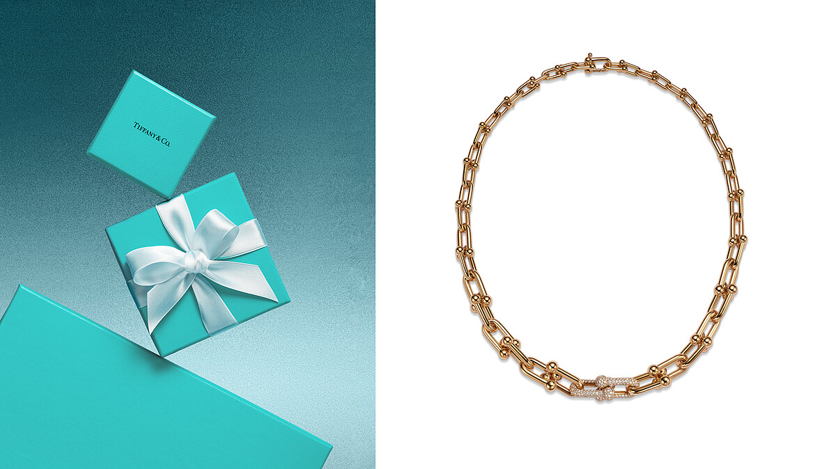 Tiffany HardWear 黃K金鑲鑽漸層扣環項鍊。