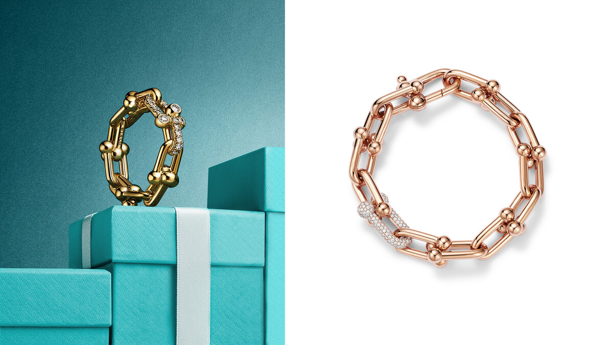 Tiffany HardWear 玫瑰K金鑲鑽手鍊(大型款)。