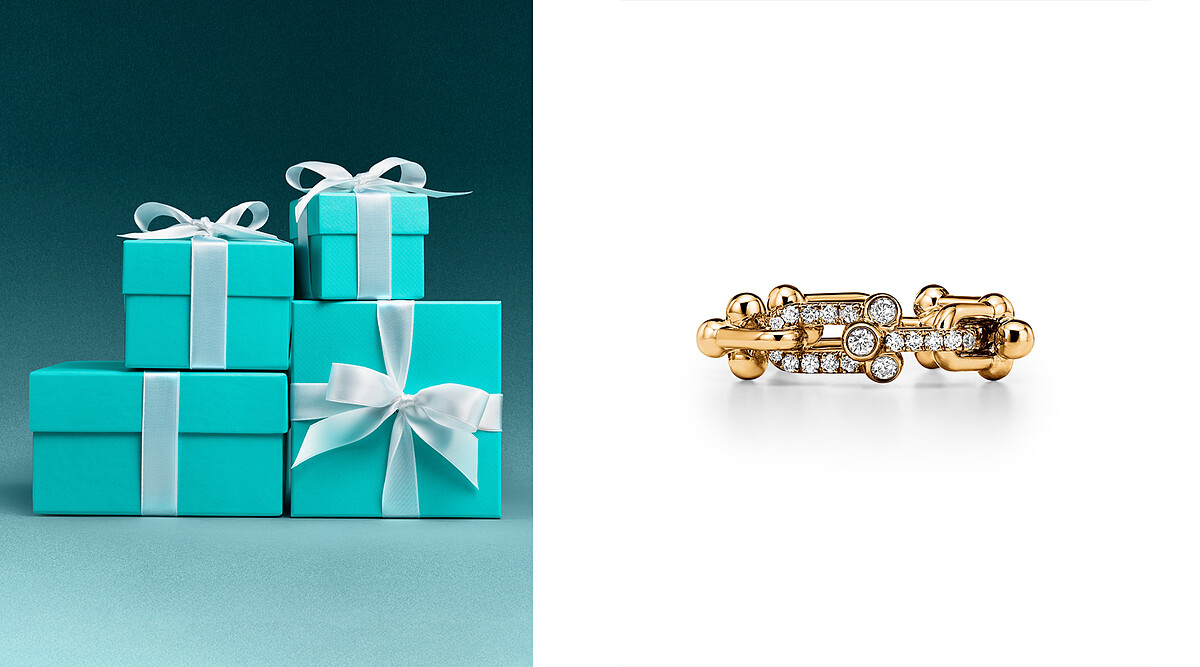 Tiffany HardWear 黃K金鑲鑽戒指。