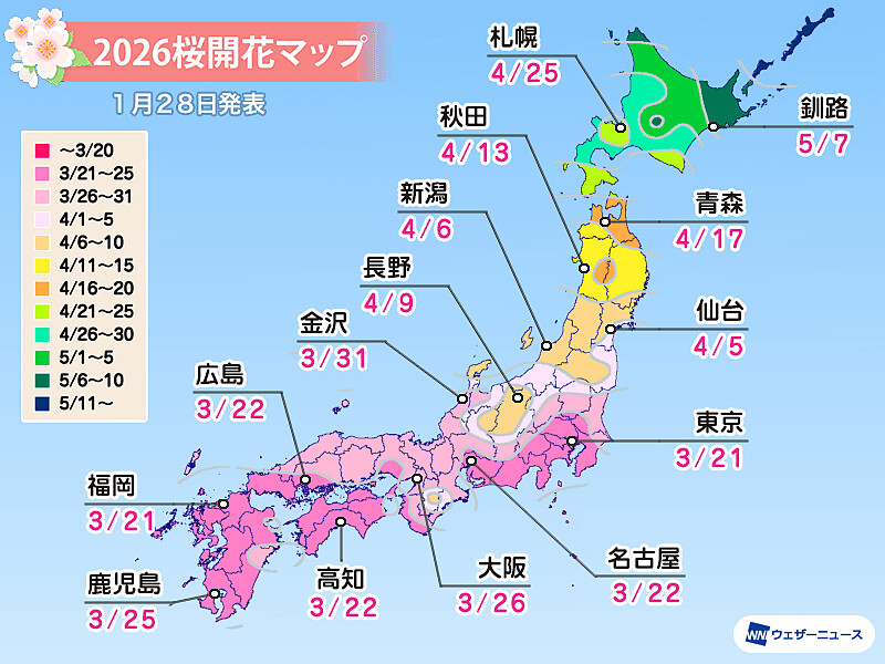 日本氣象新聞公司Weathernews公開2026各地櫻花開花時間