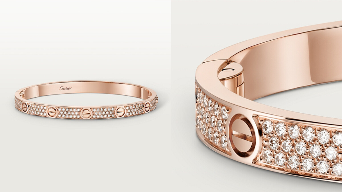 LOVE玫瑰金鋪鑲鑽石手環中型款。