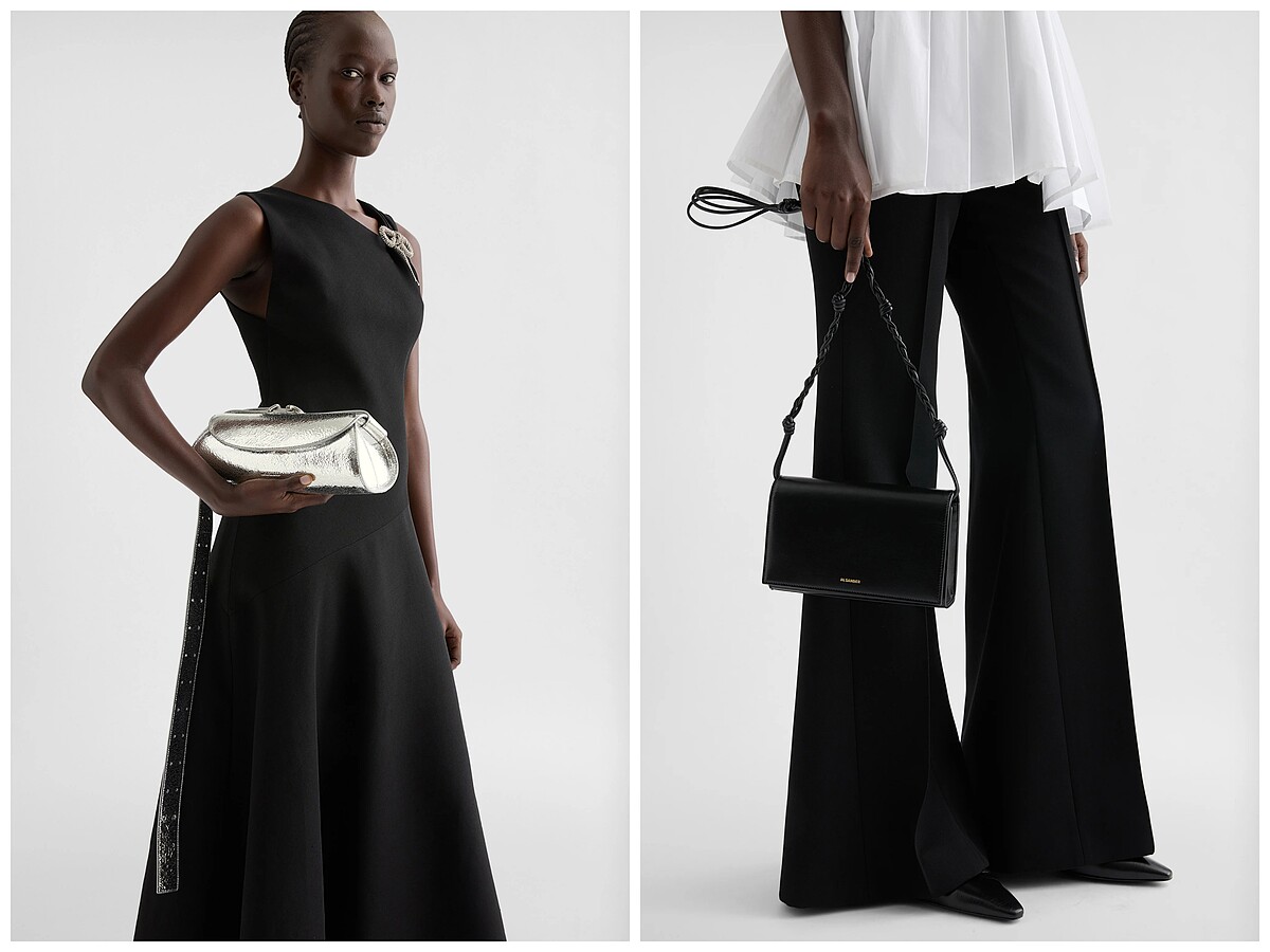 (左)Cannolo銀色小號肩背包，黑色長洋裝；(右)Tangle皮質肩背包。