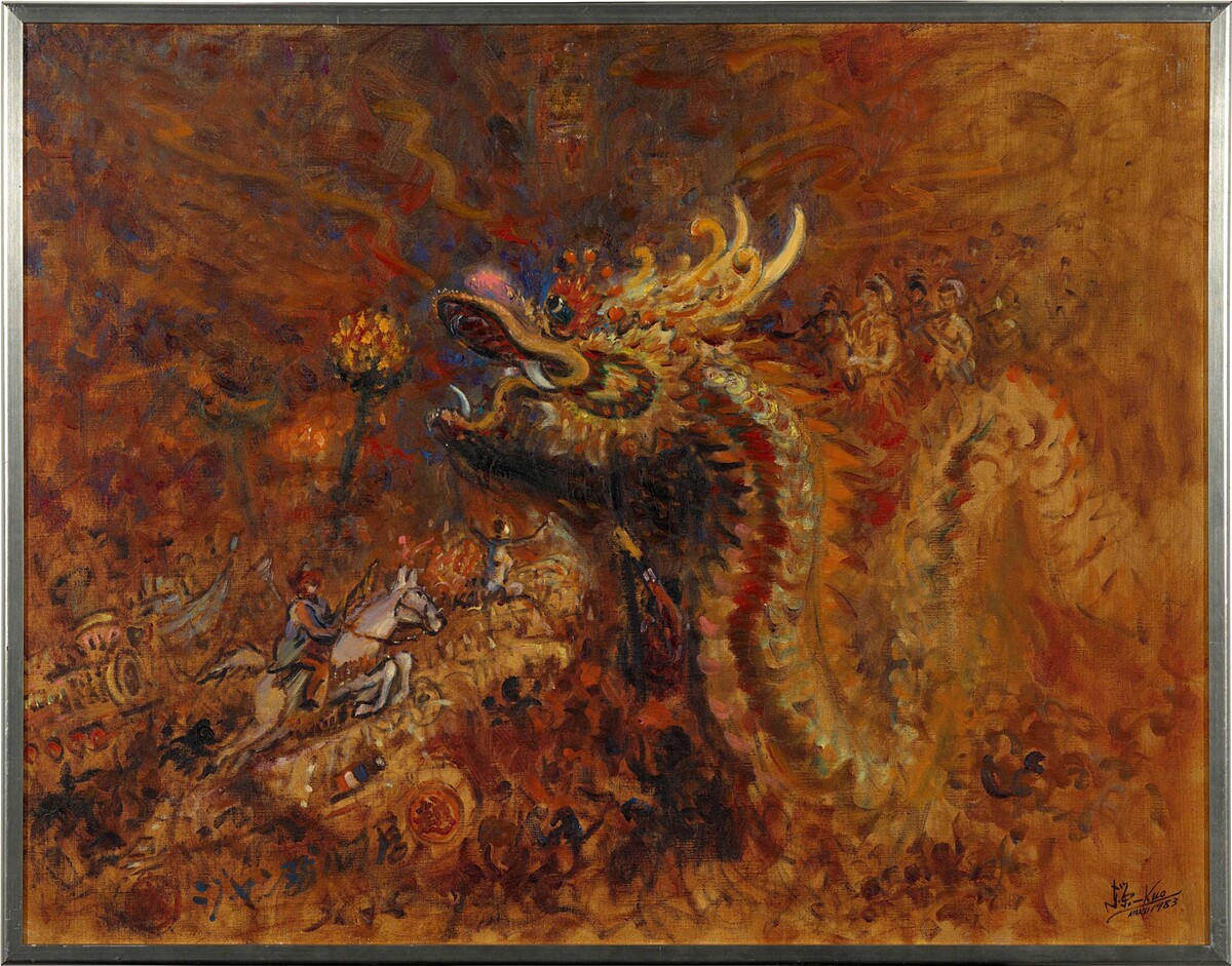 郭東榮,〈銀座祭舞龍〉,油彩、畫布,1983。(新北市美術館提供)