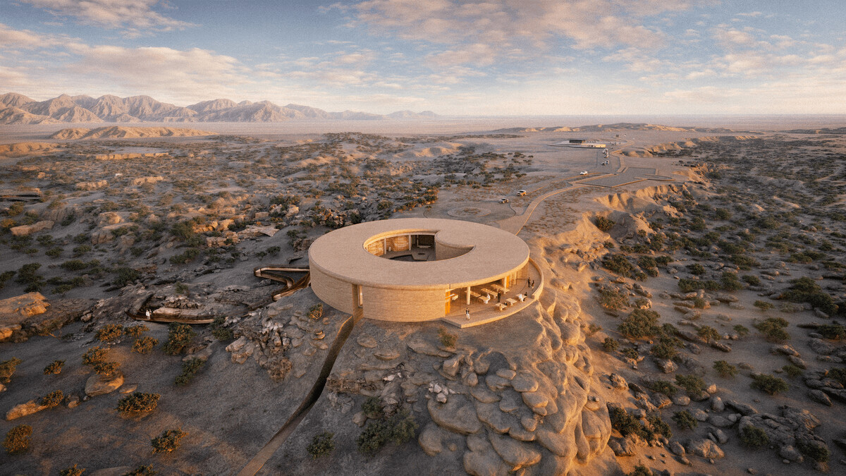 阿曼的乳香之地。阿因道卡（Ayn Dawkah）3D 渲染圖：瓦迪道卡（Wadi Dawkah）訪客中心與製香工坊，預計於 2027 年開放。&copy; Amouage