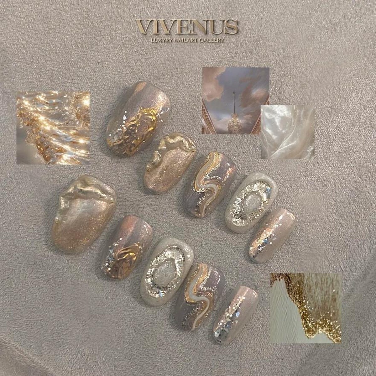 金藍色美甲範本中的金色海灘風格(Photo/小紅書@VIVENUS 美甲画廊 穿戴甲)