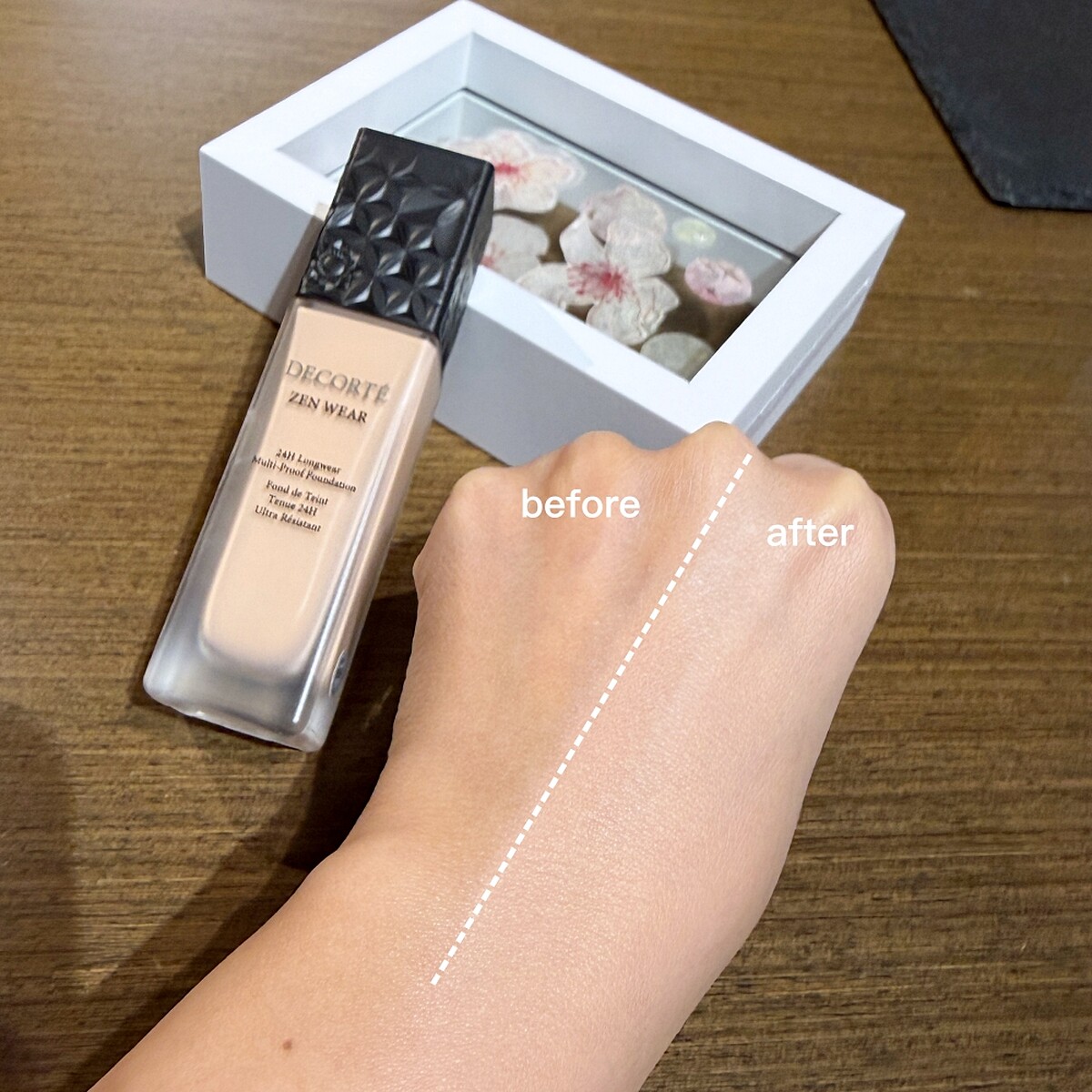 黛珂禪微霧光持久粉底液使用前、後比較圖。