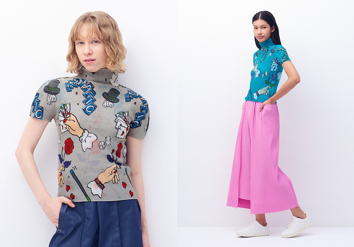 (左)MAGIC高領短袖上衣；(右) MAGIC高領短袖上衣、TRICK PLEATS造型寬管褲。