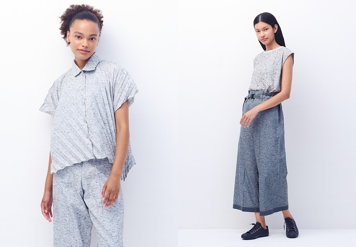 (左) REmeTEX NEP PLEATS SHIRT翻領短袖上衣、REmeTEX NEP DENIM拉腰褲。(右) REmeTEX NEP JERSEY圓領包袖上衣、REmeTEX NEP DENIM拉腰寬管褲。