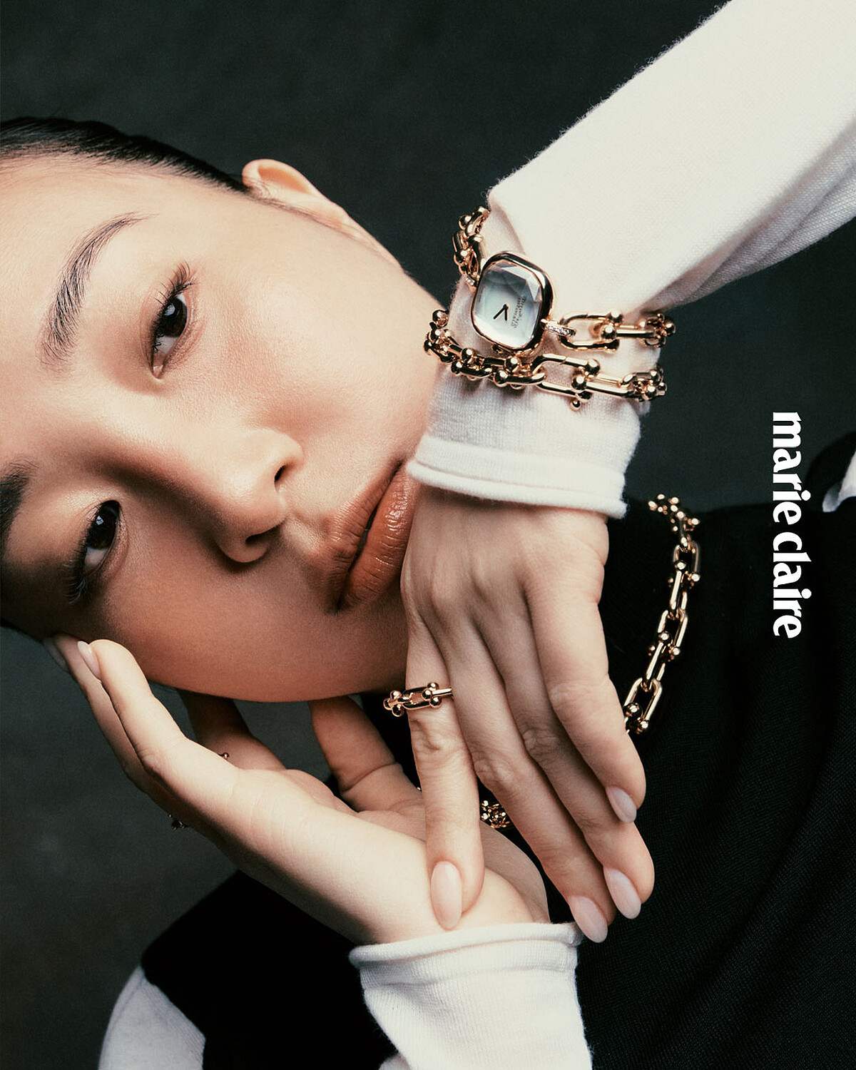 Tiffany HardWear 玫瑰K金漸層鏈結鑲鑽項鍊、手鍊與戒指、Tiffany HardWear 玫瑰K金鑲鑽腕錶，all by Tiffany & Co.；黑白洋裝，Ferragamo。