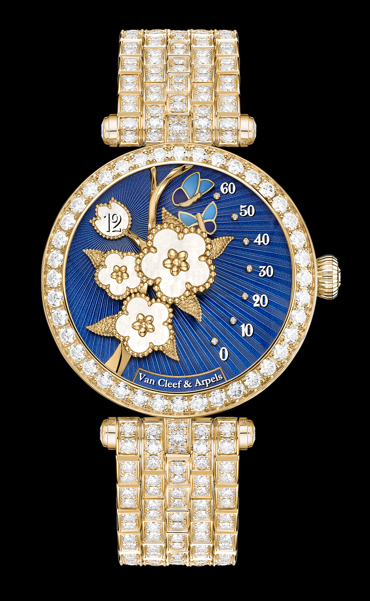 Van Cleef & Arpels 梵克雅寶 Lady Lucky Spring Butterfly 腕錶 黃K金，鑲嵌琺瑯及白色珍珠母貝，跳時及逆跳分鐘組件 建議售價：NT$6,560,000