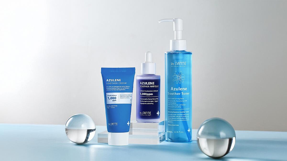無水稀釋的保養品才有效！韓國專業醫美品牌Dr.SANTE 最紅的「甘菊藍舒緩修護系列」，用最高濃度修護換季泛紅、醫美術後肌，根本保養神隊友！