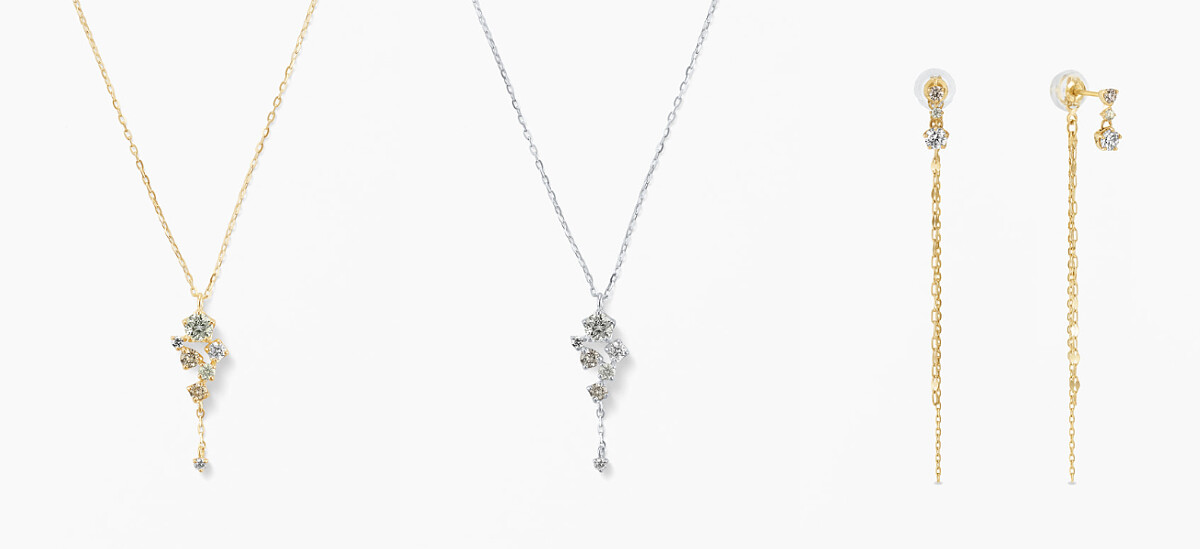 黃K星鑽項鍊，NT18800、鉑金星鑽項鍊，NT 18800、黃K鑽石耳環，NT 26800。