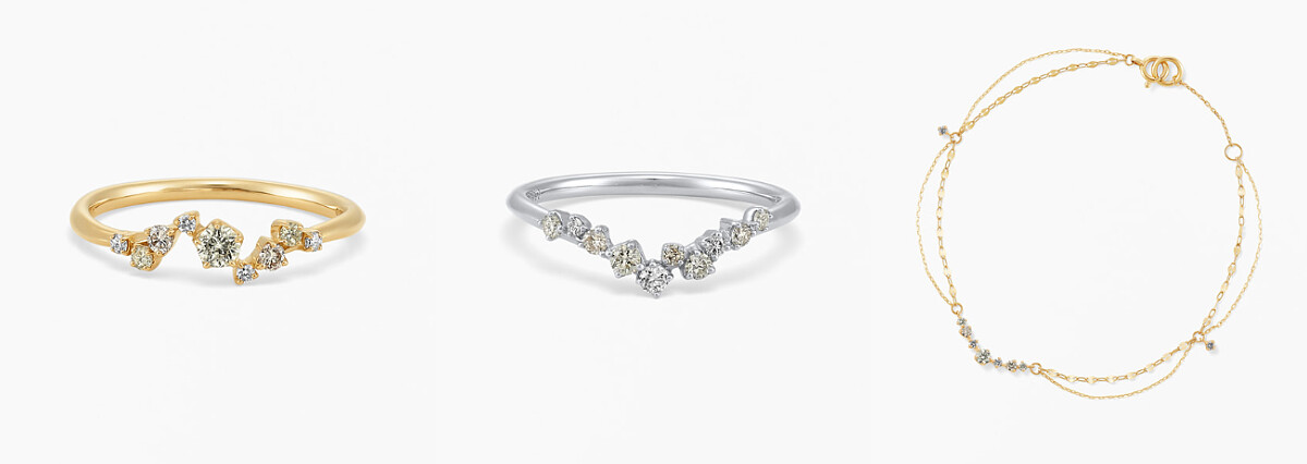 黃K星鑽戒指，NT34800、鉑金星鑽戒指，NT29800，黃K鑽石手鍊、NT18800。