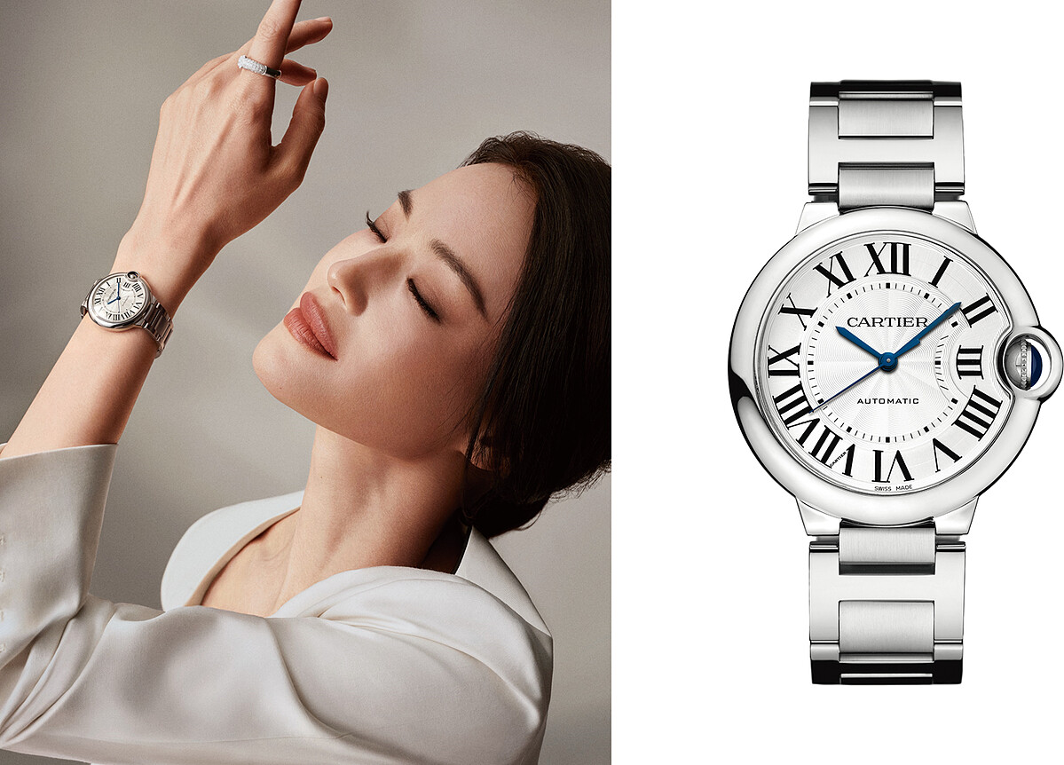 Ballon Bleu de Cartier腕錶，36毫米，自動上鏈機械機芯。精鋼錶殼，凹槽式錶冠鑲嵌一顆凸圓形合成尖晶石，鍍銀雕紋珠光錶盤，羅馬數字，藍鋼劍形指針，藍寶石水晶鏡面，精鋼錶鏈。