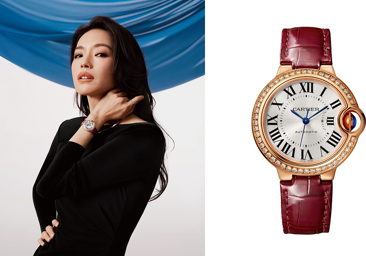 Ballon Bleu de Cartier腕錶，33毫米，自動上鍊機械機芯。玫瑰金錶殼鑲嵌47顆圓形明亮式切割鑽石，總重0.68克拉。凹槽式錶冠鑲嵌1顆凸圓形藍寶石。銀色陽光射線紋飾錶盤。藍鋼劍形指針。藍寶石水晶鏡面。酒紅色鱷魚皮錶帶，玫瑰金針扣式錶扣。