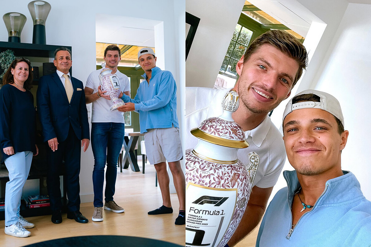 超級好朋友 Lando Norris 不小心在頒獎台弄壞 Max Verstappen 2023 匈牙利冠軍盃，最後由 Herendi 瓷器製造廠重新手工修復。
