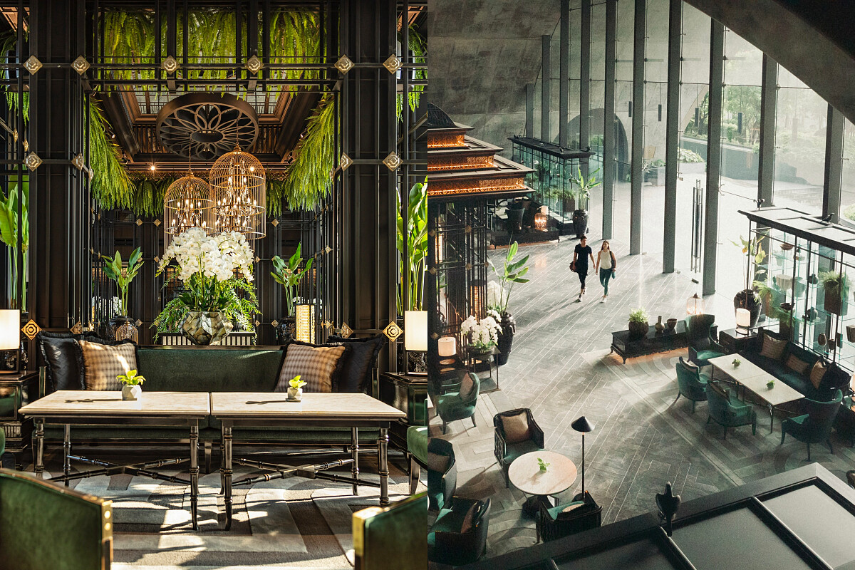 雖然位處都市中心，透過綠意、光影讓大廳營造出度假氣氛。