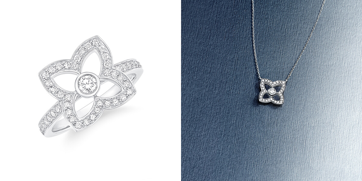 （左圖）Lotus by DE BEERS系列18K白金鑽石戒指；（右圖）Lotus by DE BEERS系列18K白金鑽石吊墜項鍊。