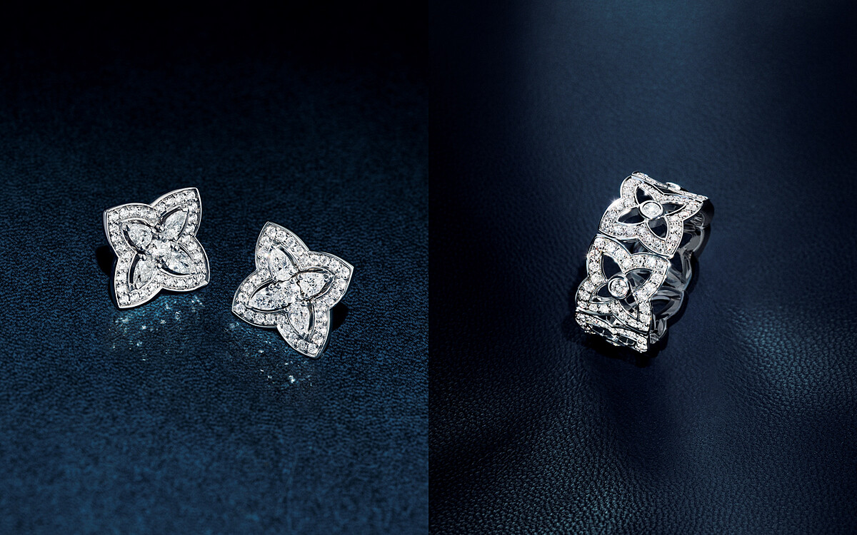 （左圖）Lotus by DE BEERS系列18K白金鑽石耳環；（右圖）Lotus by DE BEERS系列18K白金鑽石戒指(7MM)。