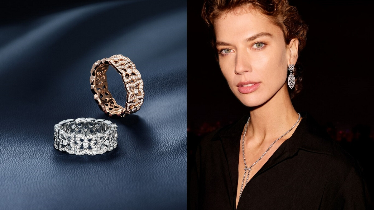 （左圖）Lotus by DE BEERS 18K白金鑽石戒指(7MM)、18K玫瑰金鑽石戒指(7MM)。（右圖）Lotus by DE BEERS系列全球品牌形象廣告。