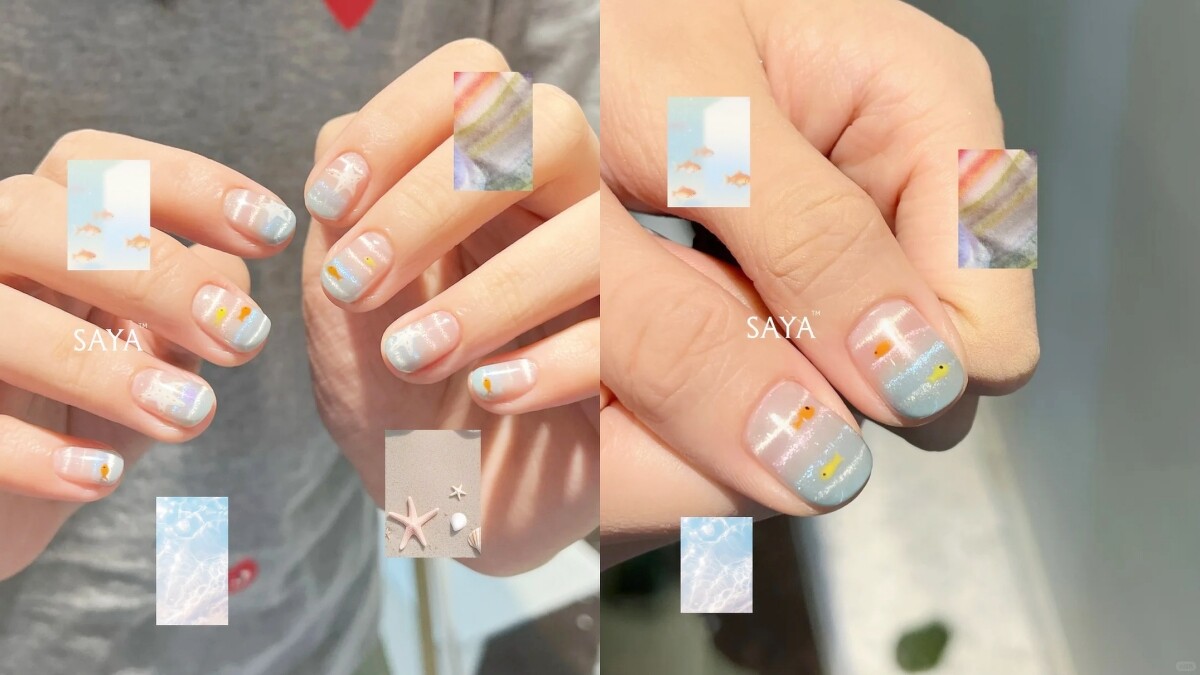 療癒海洋小魚貓眼線條美甲範本(Photo/小紅書＠SAYA美学🌏sayanailart)