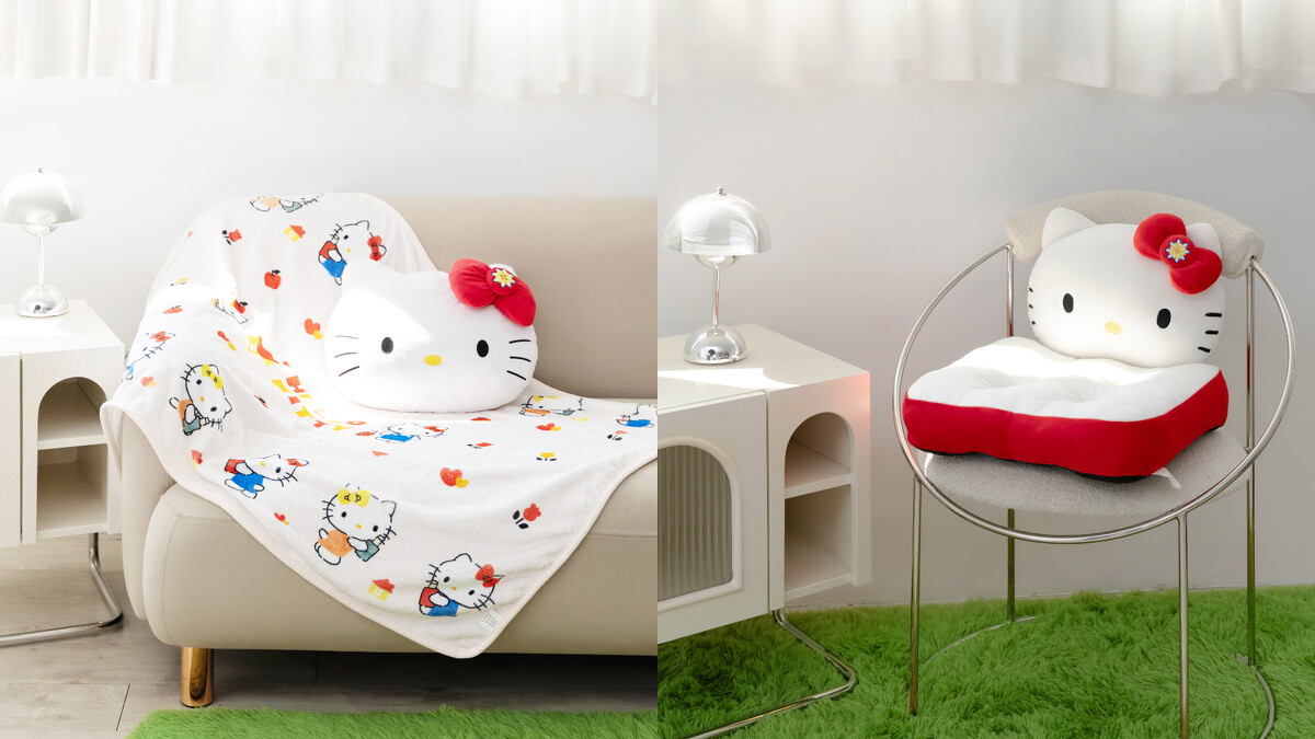 左：官網獨家贈品 Hello Kitty愛的抱抱毛毯抱枕組、右：Hello Kitty棉花糖坐墊