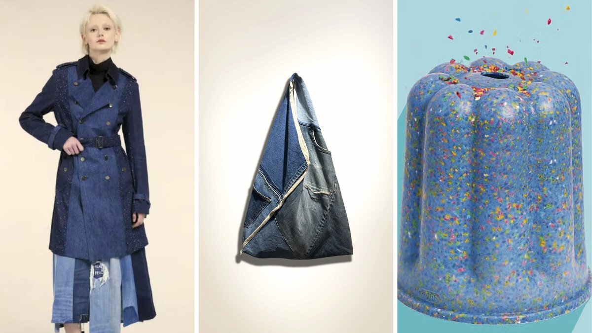 由左至右：Story Wear 英式風衣外套｜First Edition Design 牛仔拼布三角袋｜DOT design 點睛設計 re-ing 甜點露露椅